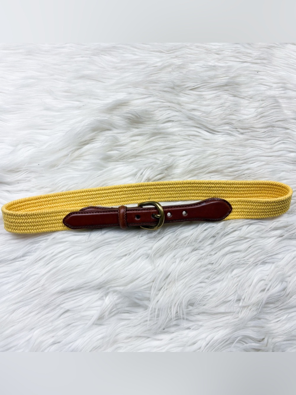 Lands End Vintage Surcingle Web Equestrian Leather Woven Knit Belt Yellow Preppy